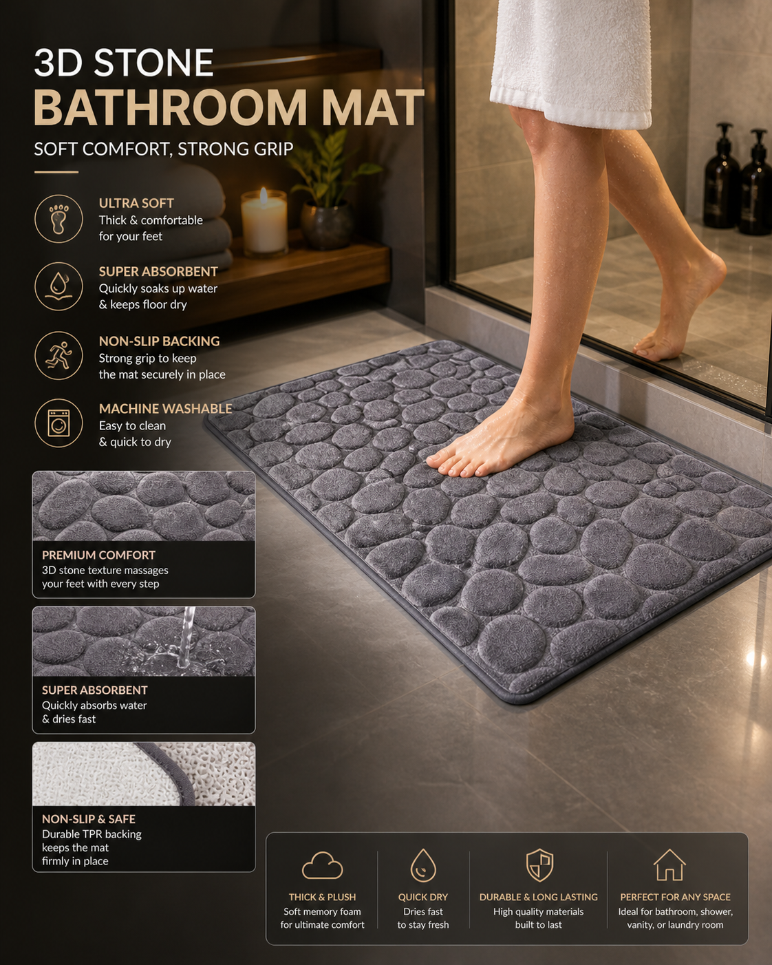 🚿 3D Non-Slip Bathroom Mat 🚿 Absorbent • Quick Dry • Washable