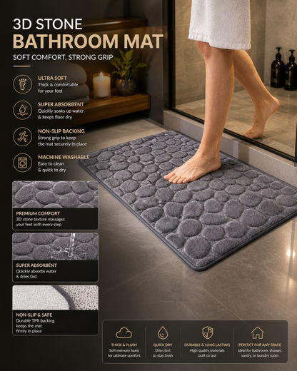 🚿 3D Non-Slip Bathroom Mat 🚿 Absorbent • Quick Dry • Washable