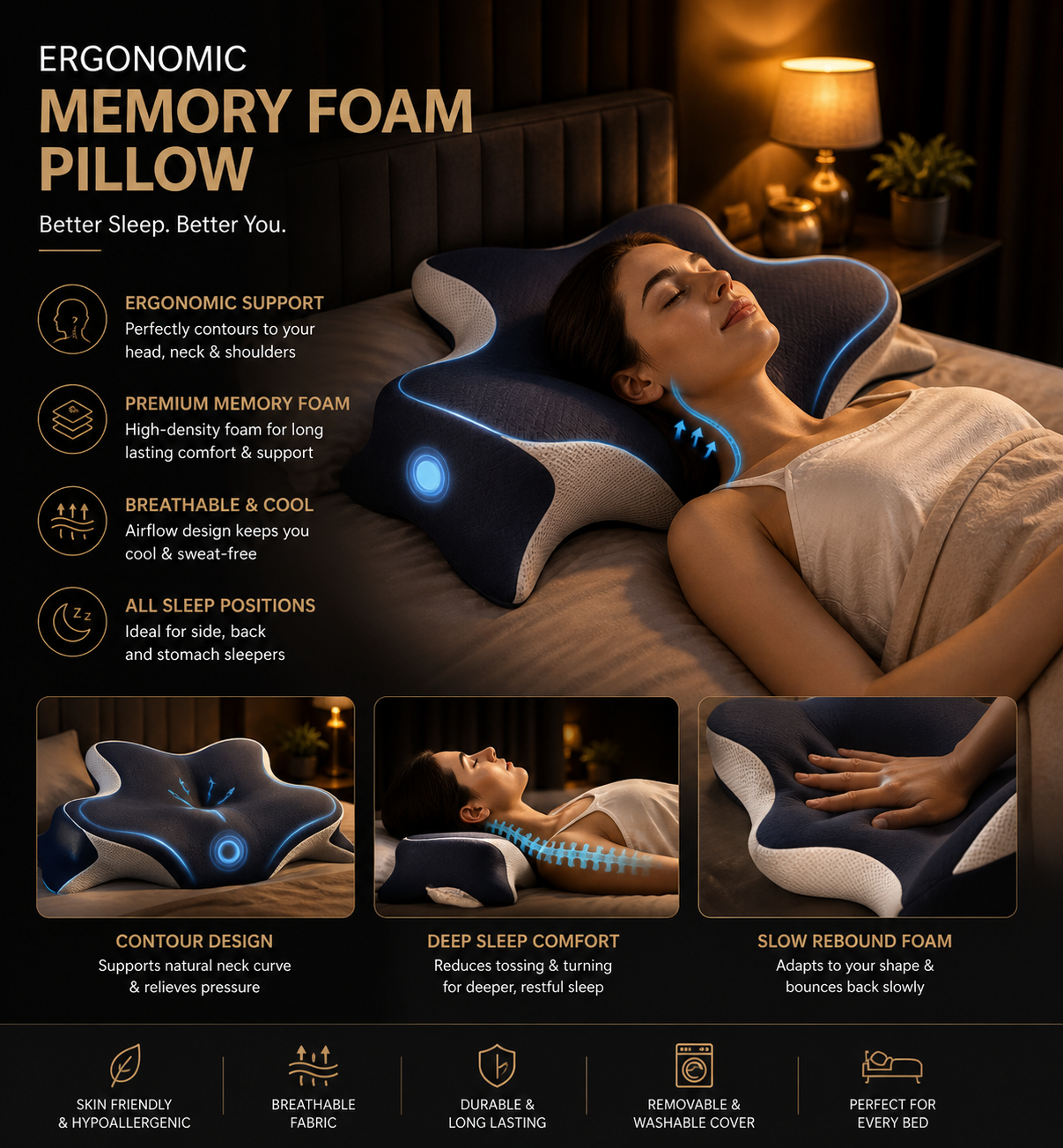✨ Ergonomic Memory Foam Pillow ✨ Neck Relief • Contour Support • All Sleep Styles