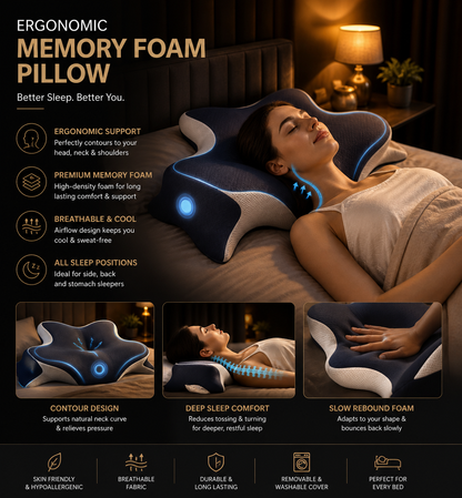 ✨ Ergonomic Memory Foam Pillow ✨ Neck Relief • Contour Support • All Sleep Styles