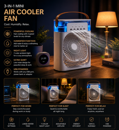 ❄️ 3-in-1 Mini Air Cooler ❄️ Fan • Humidifier • Night Light