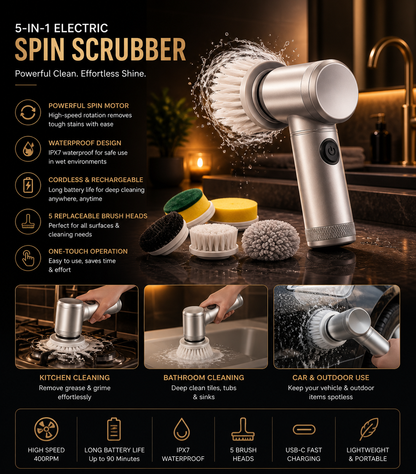 🧼 5-in-1 Electric Spin Scrubber 🧼 5 Brush Heads • USB Rechargeable • Powerful Clean