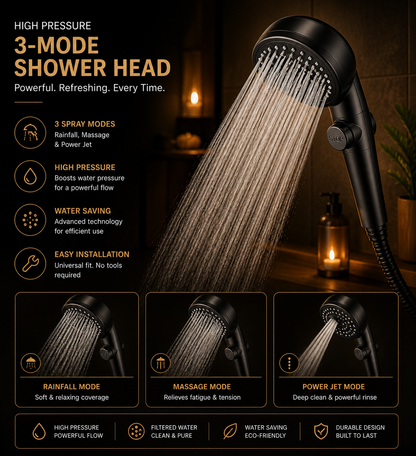 🚿 High Pressure 3-Mode Shower Head | 💧 Water Saving + ⏸ One-Key Stop