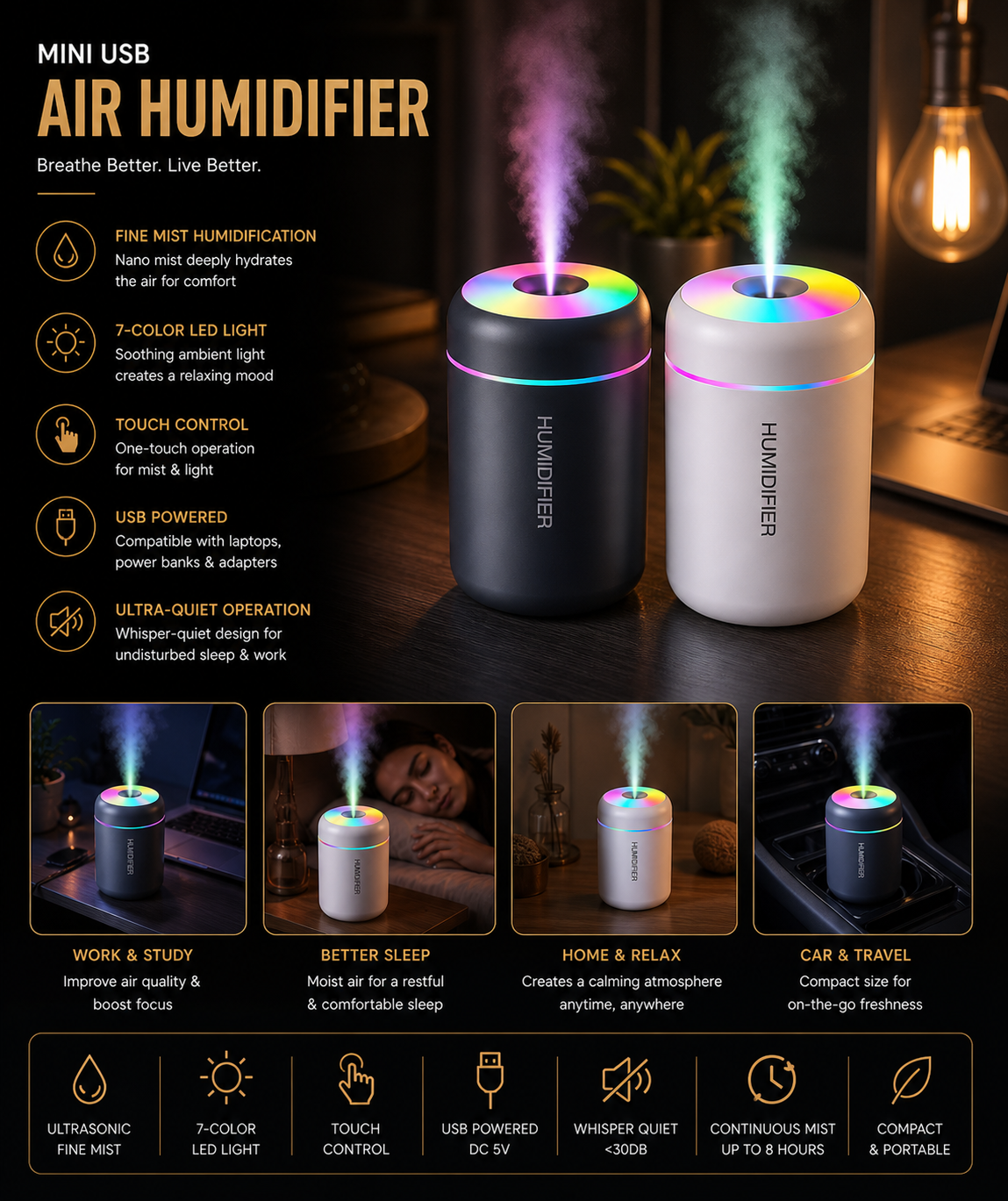 💧 Mini USB Air Humidifier 💧 Aroma Diffuser • LED Light • Touch Control