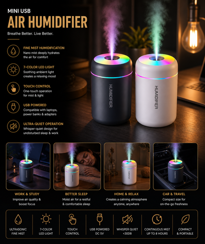 💧 Mini USB Air Humidifier 💧 Aroma Diffuser • LED Light • Touch Control