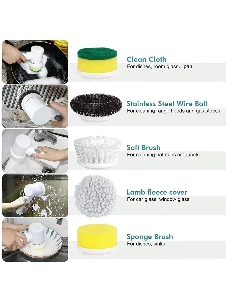 🧼 5-in-1 Electric Spin Scrubber 🧼 5 Brush Heads • USB Rechargeable • Powerful Clean